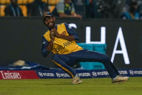 Dushan Hemantha all smiles as he catches Tim David.