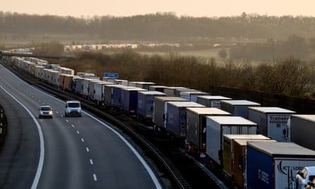 Heavy goods vehicles waiting to cross the Polish-German border during the coronavirus pandemic, near Bautzen, Germany, 19 March 2020