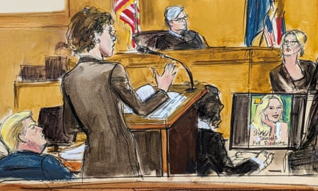 Artist’s impression of Donald Trump’s lawyer, Susan Necheles, cross-examining Stormy Daniels as Trump looks on, Manhattan criminal court, 7 May 2024.