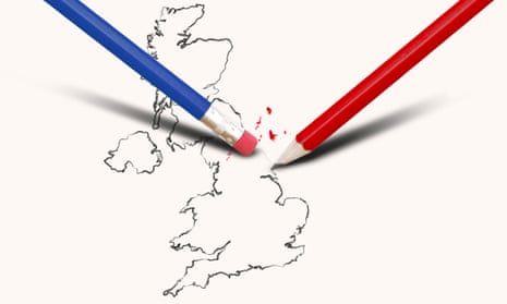 A pencil drawing of the UK, being drawn in by a red pencil and rubbed by a blue pencil