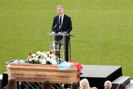 Adam Selwood delivers his eulogy at Troy Selwood’s funeral service at GMHBA Stadium in Geelong