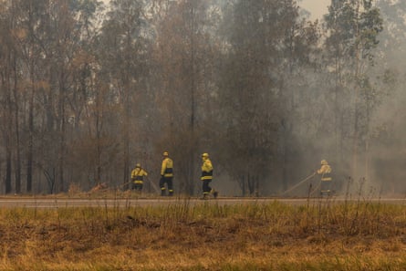 Firefighters battle a bushfire off the Pacific Highway near Nerong