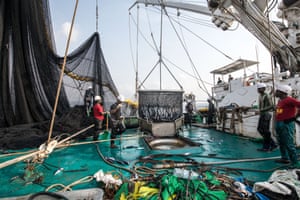 Fishermen aboard the Oriental Kim haul in the morning’s catch