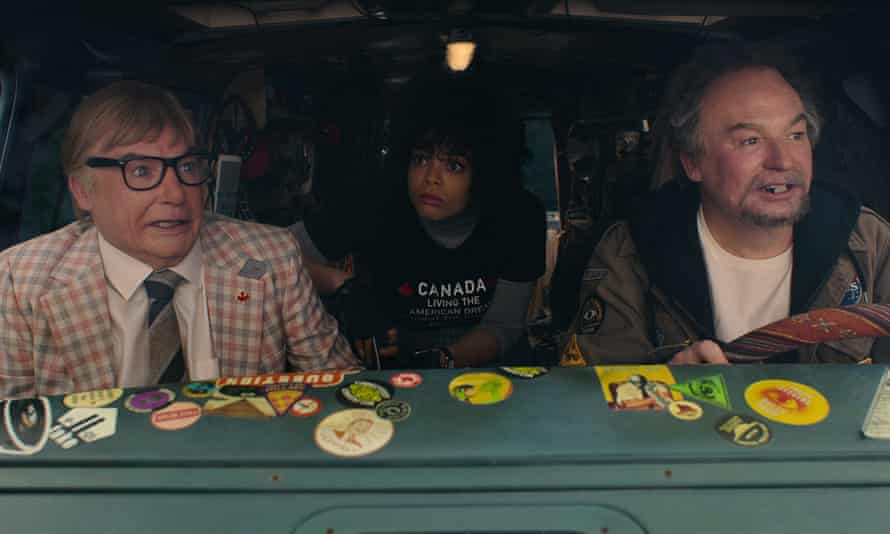 From left: Mike Myers as Ken Scarborough, Lydia West as Reilly Clayton and Mike Meyers as Anthony Landsdowne in The Pentaverate.