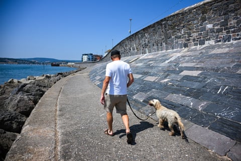 A man walks his dog on the beach promenade in Exmouth: he is quite young and wears a white T-shirt and khaki shorts. The dog is a cream-coloured labradoodle-type. They are seen from behind on a stone path with a high wall on one side and rocks and blue sea on the other.