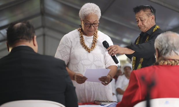 Fiame took her oath at an unofficial ceremony outside parliament house in Apia after she was locked out of parliament and the previous leader claimed he remained in charge.