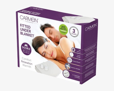 The purple and white box of the Carmen C81190 Double Fitted Electric Under Blanket