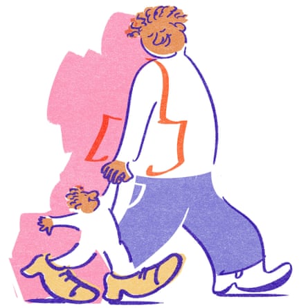 Colourful llustration of a father walking along with his young son, who is wearing gigantic shoes