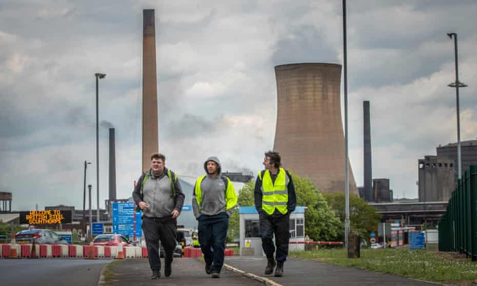 Workers leaving the steelworks in Scunthorpe