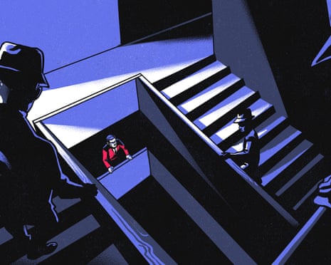 Illustration of a man in red on a staircase being watched by spies in hats