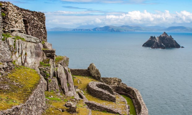 Remains of the medieval Gaelic Christian monastery on Skellig Michael, with view to Little Skellig. The two Skellig Islands are off the coast of Ivera<br>KACDMP Remains of the medieval Gaelic Christian monastery on Skellig Michael, with view to Little Skellig. The two Skellig Islands are off the coast of Ivera