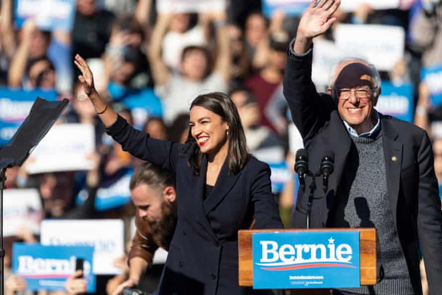 U.S. Representative Alexandria Ocasio-Cortez &amp; U.S. Senator Bernie Sanders on stage at Bernie Sanders Rally “Bernie’s Back” in Queensbridge Park. She endoreses him for President of USA.