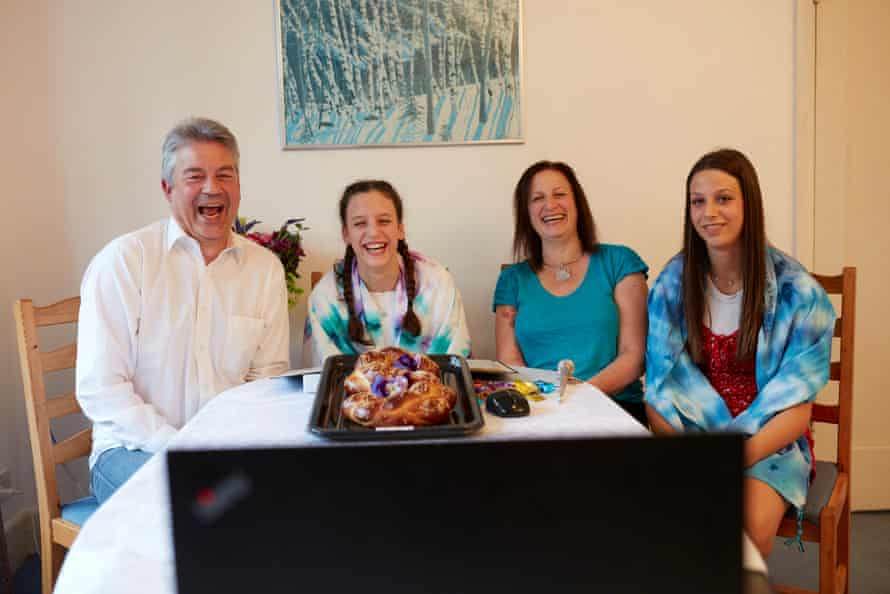 30 April: Sophie Matkovits (second left) celebrates her batmitzvah with friends and family around the world via Zoom from her home in Finchley