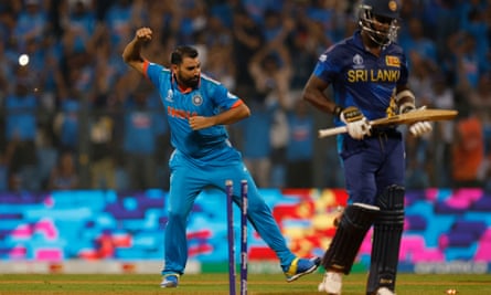 India’s Mohammed Shami celebrates after taking the wicket of Sri Lanka’s Angelo Mathews