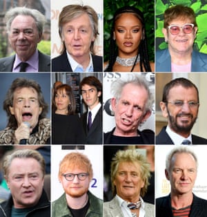 Top row (from left): Andrew Lloyd Webber, Paul McCartney, Rihanna and Elton John. Middle row: Mick Jagger, Olivia and Dhani Harrison, Keith Richards and Ringo Starr. Bottom row: Michael Flatley, Ed Sheeran, Rod Stewart and Sting.