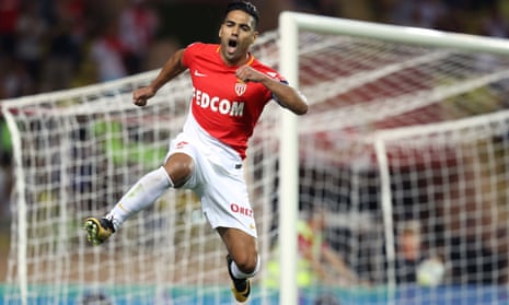 Monaco’s Radamel Falcao celebrates after scoring a penalty during the 6-1 victory over Marseille.