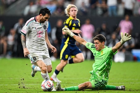 TOPSHOT-FBL-MLS-MIAMI-NASHVILLETOPSHOT - Inter Miami's Argentine forward #10 Lionel Messi misses a chance to score against Nashville's US goalkeeper #99 Brian Schwake during a Major League Soccer (MLS) regular season football match between Inter Miami CF and Nashville SC at Nu Stadium in Miami, Florida, on September 12, 2026. (Photo by CHANDAN KHANNA / AFP via Getty Images)
