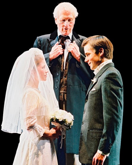 Paul Newman (the Stage Manager, centre) with Maggie Lacey and Ben Fox in the 2002 production of Our Town at the Booth theatre in New York.