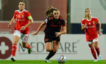 Georgia Stanway surges forward during Bayern Munich’s Champions League group game against Benfica in October.