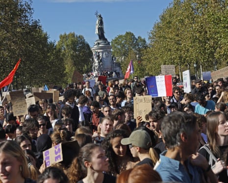 High school students and members of education unions gather during a national day of protests over school conditions at Place de la Republique in Paris, France.