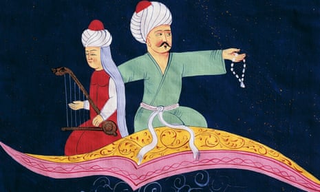 Aladdin appears on a magic carpet in this 19th-century Turkish illustration