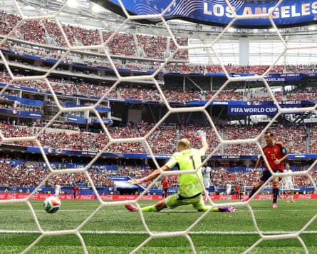 Mikel Oyarzabal scores past Alexander Schlager to put Spain 3-0 up against Austria