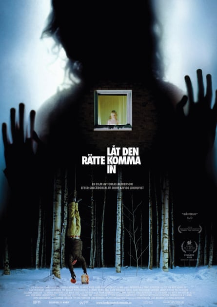 Poster for Let the Right One In, 2008, showing a shadowy figure looming above a body dangling in the woods, and a small child looking through a window
