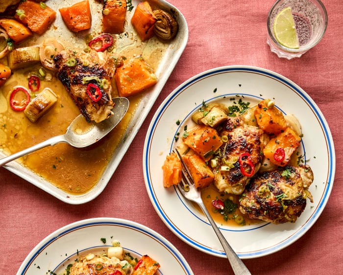 Image accompanying the story: Cook once, eat twice: Rukmini Iyer’s recipe for miso chilli chicken with roasted squash and leeks | Cook once, eat twice