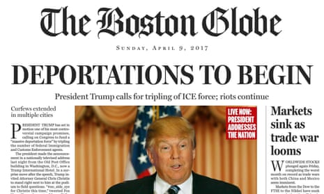 A portion of a the fake front page of The Boston Globe published on the newspaper’s website on Saturday, April 9, 2016. 