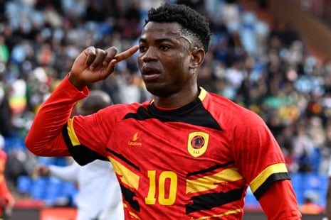 Gelson Dala salutes the fans after giving Angola a 1-0 lead over Zimbabwe at Marrakesh Stadium.