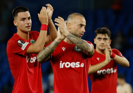 Omonia’s players applaud their fans after losing against Real Sociedad in their most recent Europa League game