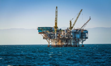 A picture of an offshore oil platform.