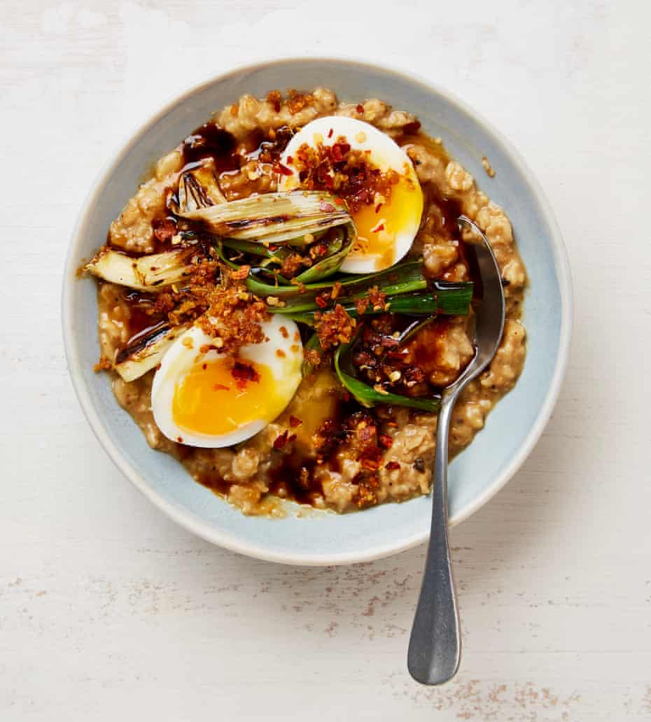 Yotam Ottolenghi’s savoury oat porridge with ginger-garlic crumbs and soy butter.