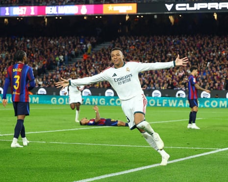 Kylian Mbappé celebrates after scoring Real MadridâÂÂs winner against Barcelona.