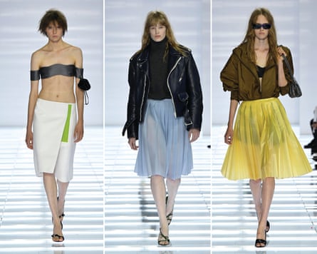 Composite of four looks from Prada Milan show, all featuring skirts