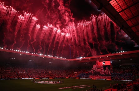 Pre-match fireworks bathe the Stadium of Light in red