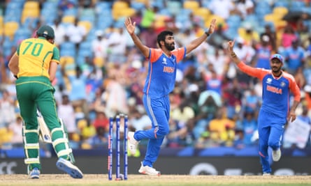 Jasprit Bumrah of India celebrates after dismissing Marco Jansen of South Africa.
