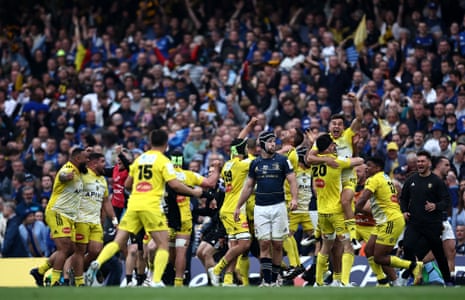 La Rochelle’s players celebrate at the end of the Champions Cup final rugby union match between Leinster and La Rochelle at the Aviva Stadium in Dublin.