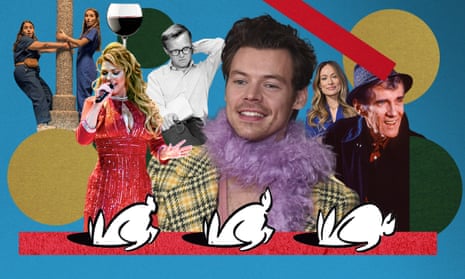 Composite of images of a still from Booksmart, Shania Twain, Truman Capote, Harry Styles, Olivia Wilde, William Hickey and black and white cartoon rabbits going down holes in a red line