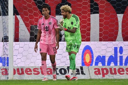 Inter Miami’s Canadian goalkeeper #29 Dayne St. Clair talks with teammate Jamaican defender #17 Ian Fray during the friendly football match between Peru’s Alianza Lima and the US’ Inter Miami at the Alejandro Villanueva Stadium in Lima on January 24, 2026.
