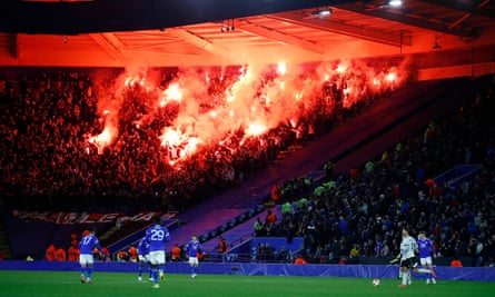 Legia Warsaw’s travelling support lit flares and clashed with police during the second half of their side’s defeat to Leicester