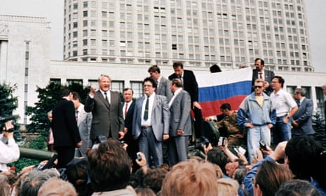 Boris Yeltsin gathers supporters in Moscow after an attempted coup which would later result in the collapse of the Soviet empire. 