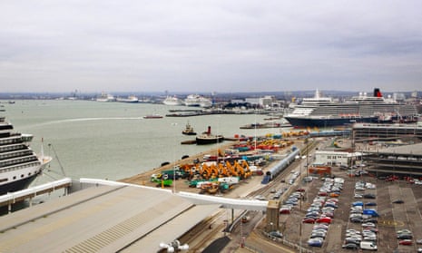 Cruise ships docked in Southampton, where an analysis of ship schedules found most did not make use of onshore power facilities.