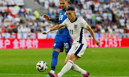 Phil Foden takes a shot for England in their final group game at Euro 2024