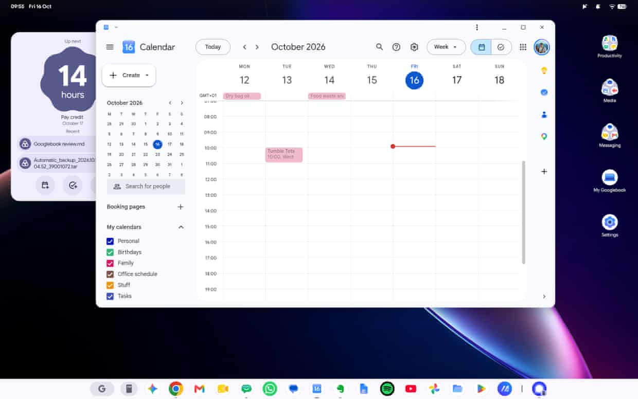A screenshot of Googlebook OS showing the Google Calendar app.