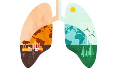A pair of lungs, the left very hot and burnt out, the right very healthy and green.