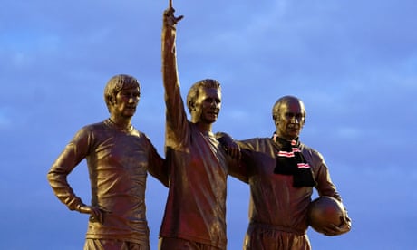 The ‘United Trinity’ statue at Old Trafford, featuring Bobby Charlton (right) alongside George Best and Denis Law.