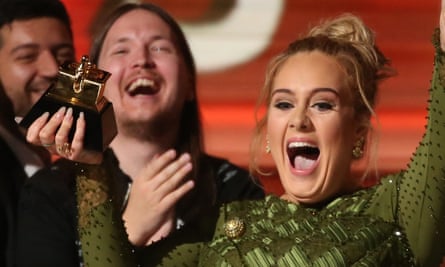 Adele winning – and breaking – her record of the year Grammy award in 2017.
