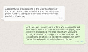 Composite de messages WhatsApp entre Matt Hancock et Alex Bourne