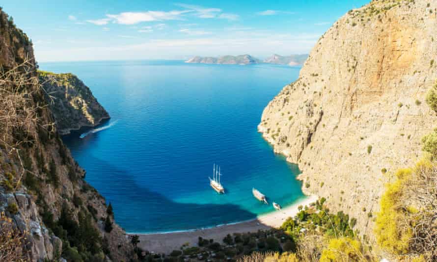 Butterfly valley sea view and boat at Oludeniz, Turkey.